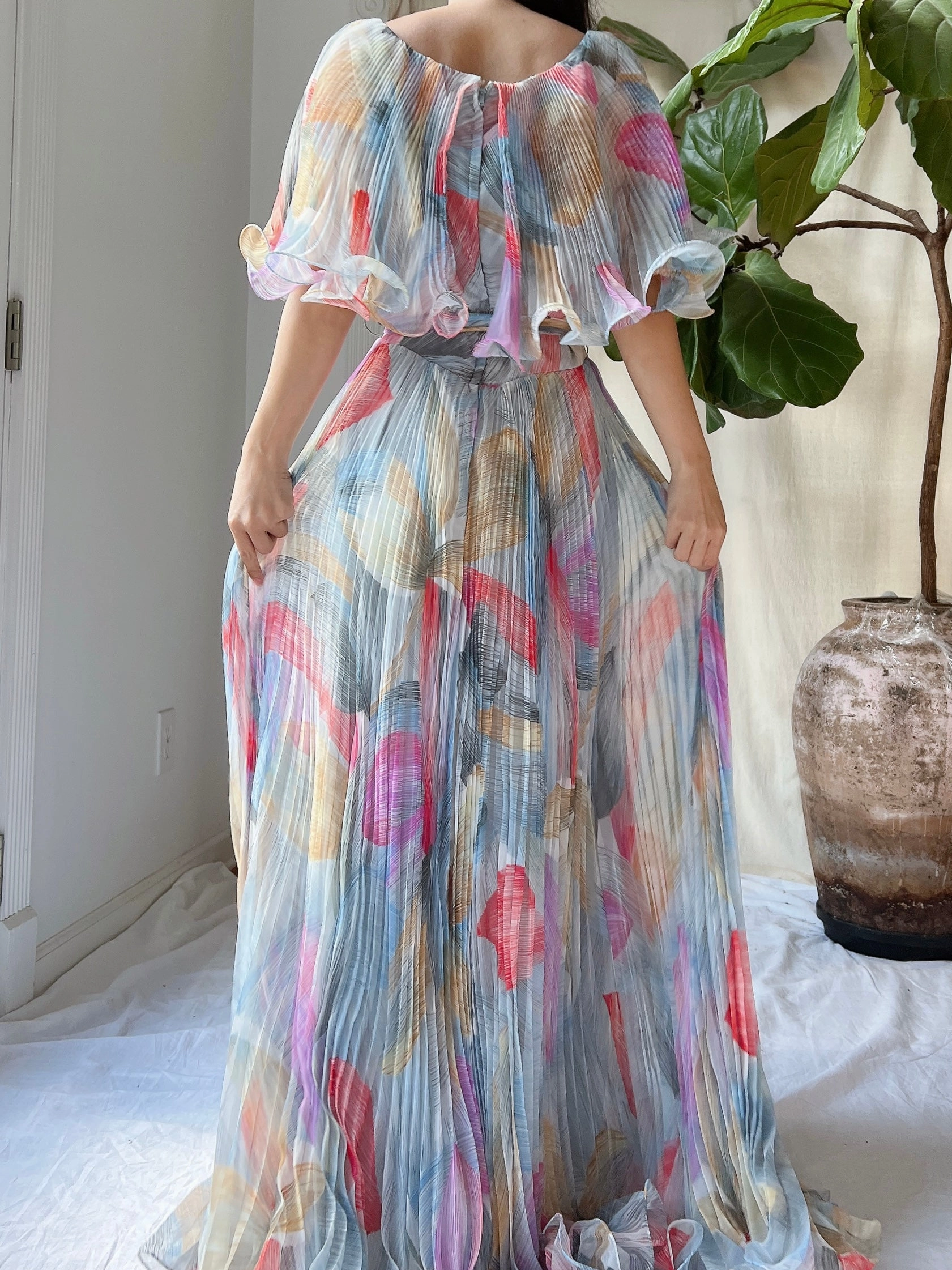 Vintage Pleated Abstract Dress - M