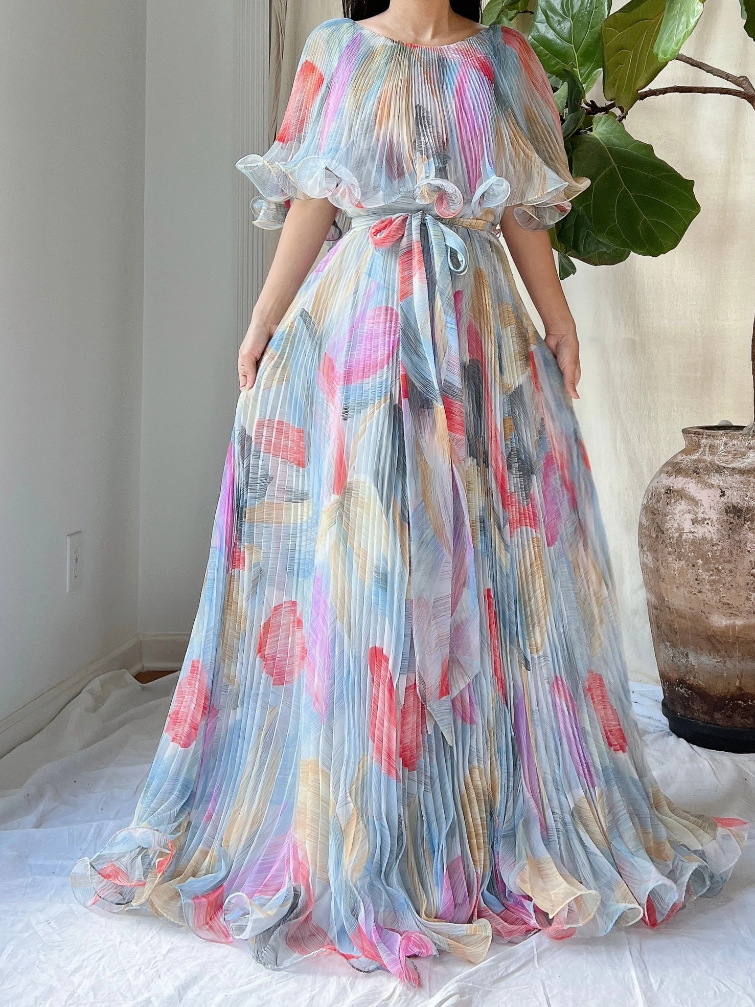 Vintage Pleated Abstract Dress - M