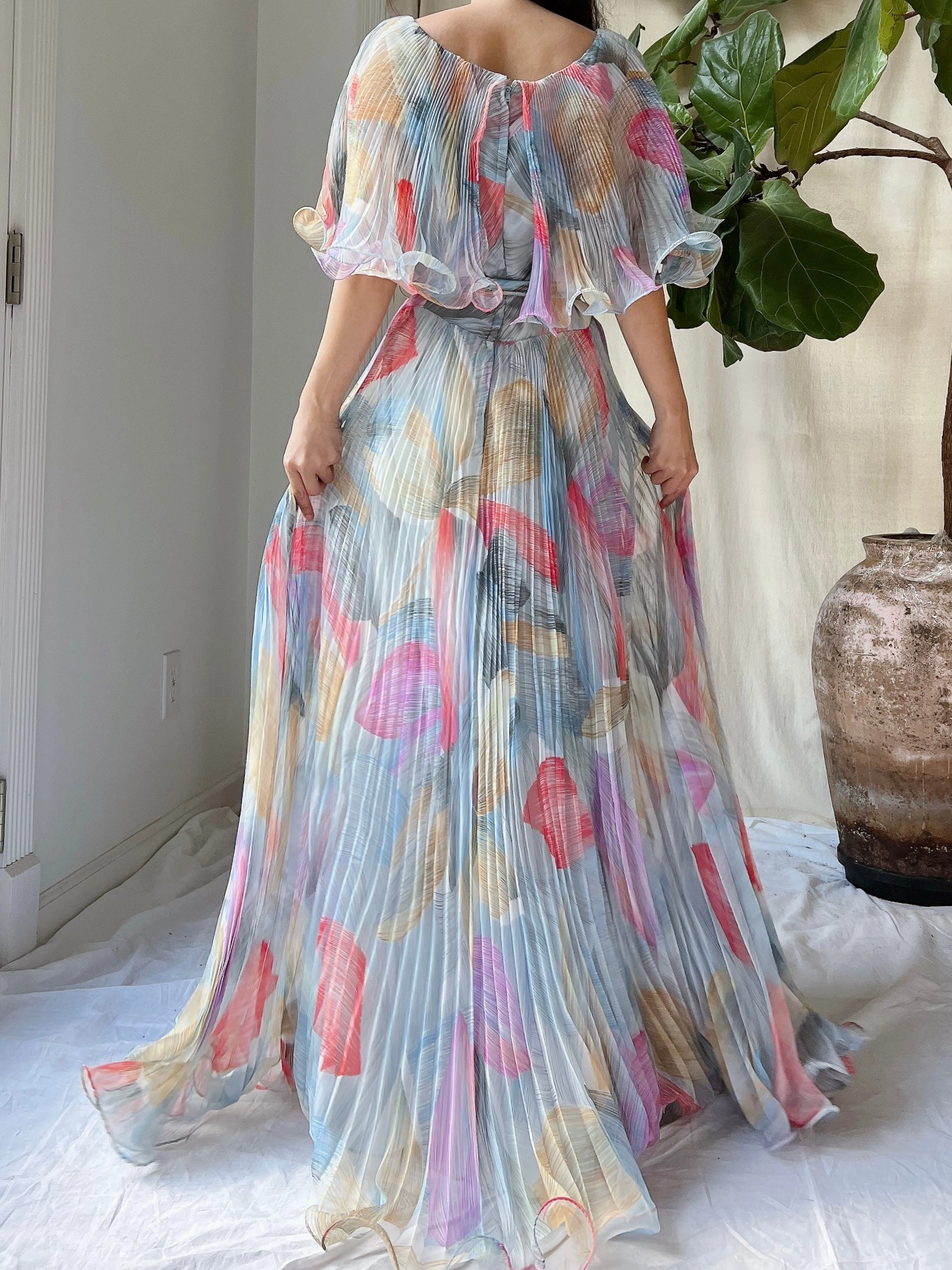 Vintage Pleated Abstract Dress - M