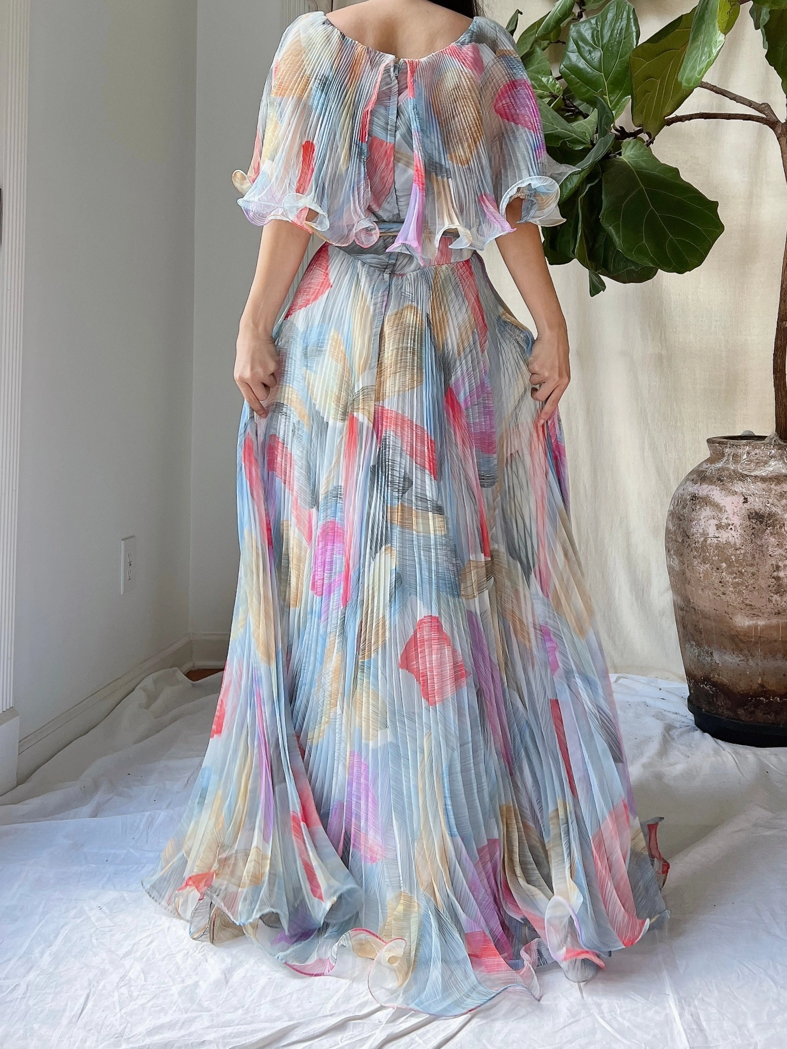 Vintage Pleated Abstract Dress - M