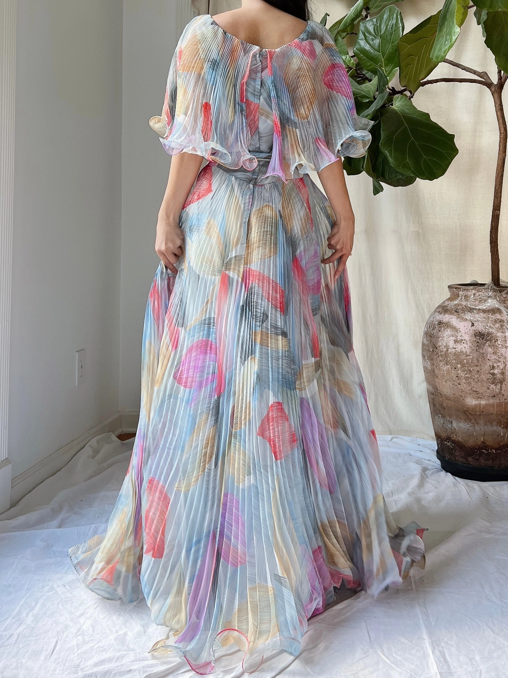 Vintage Pleated Abstract Dress - M