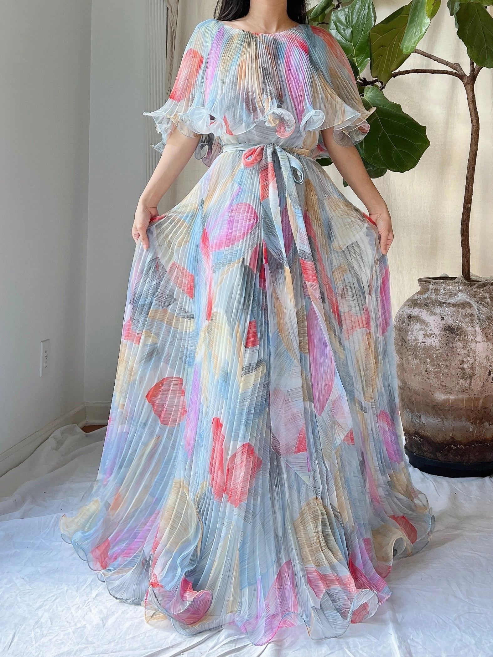 Vintage Pleated Abstract Dress - M