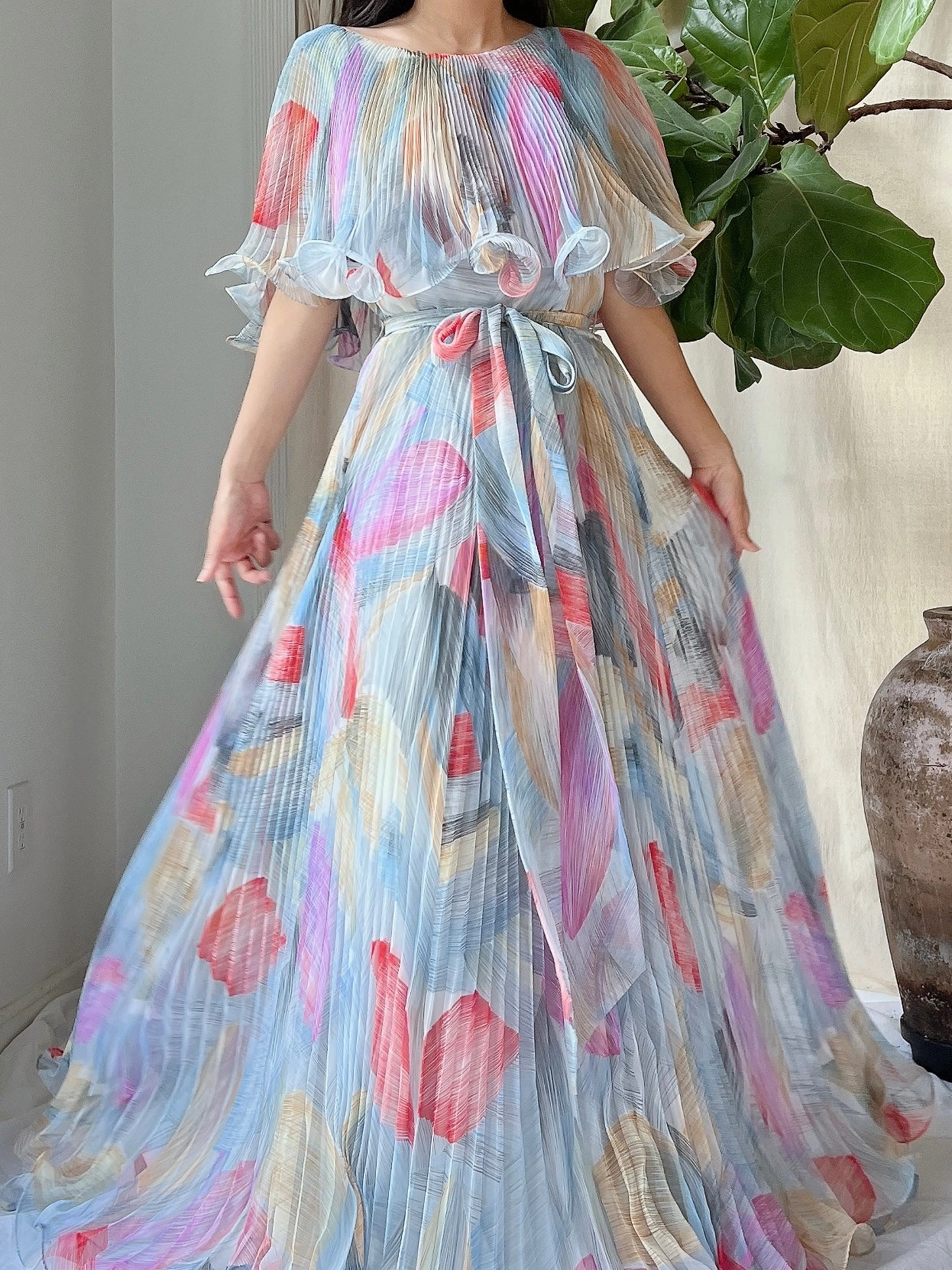 Vintage Pleated Abstract Dress - M