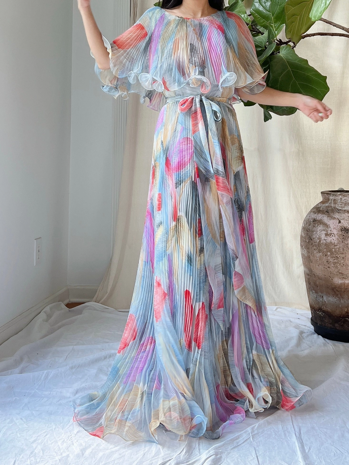 Vintage Pleated Abstract Dress - M