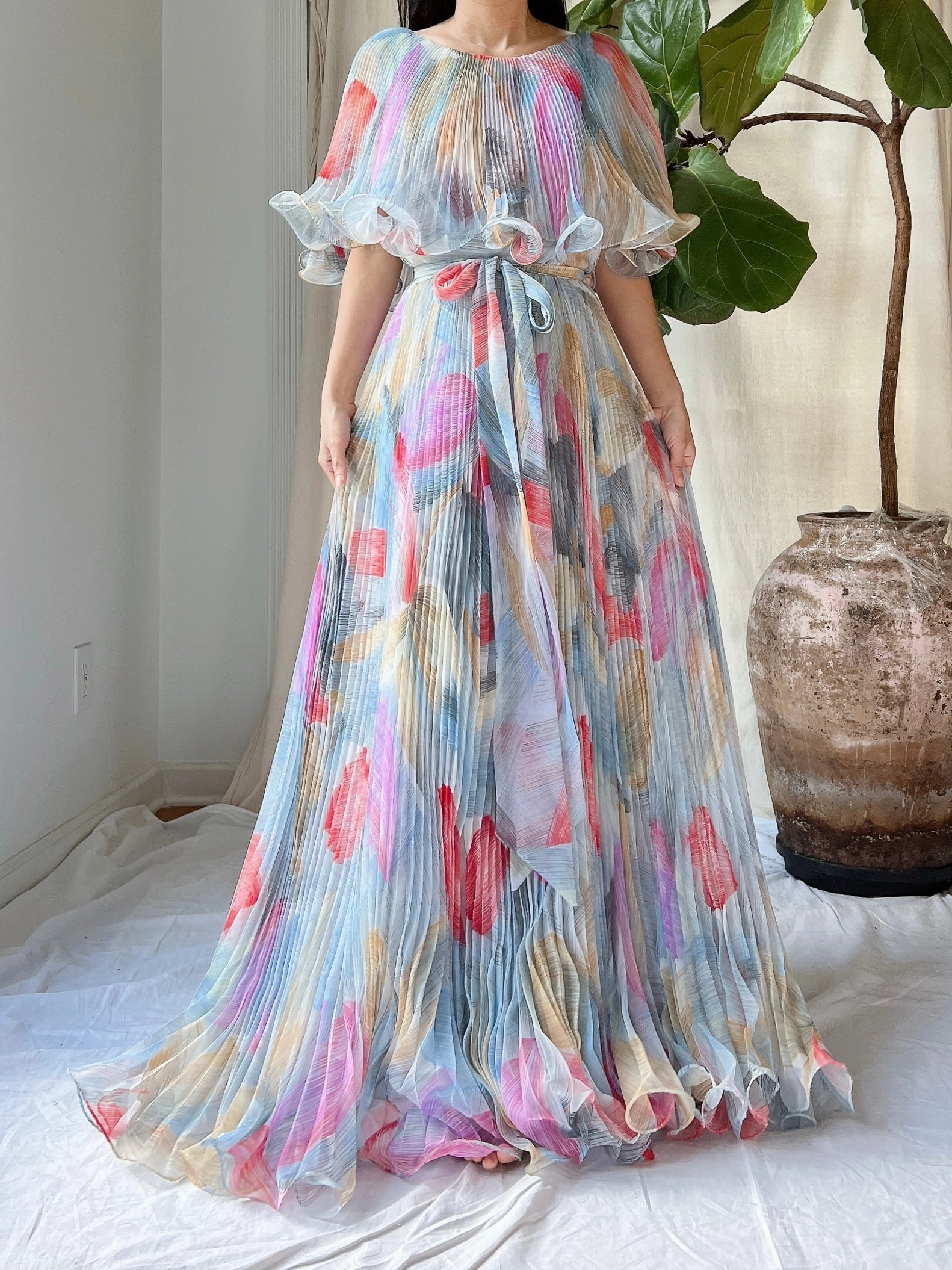 Vintage Pleated Abstract Dress - M