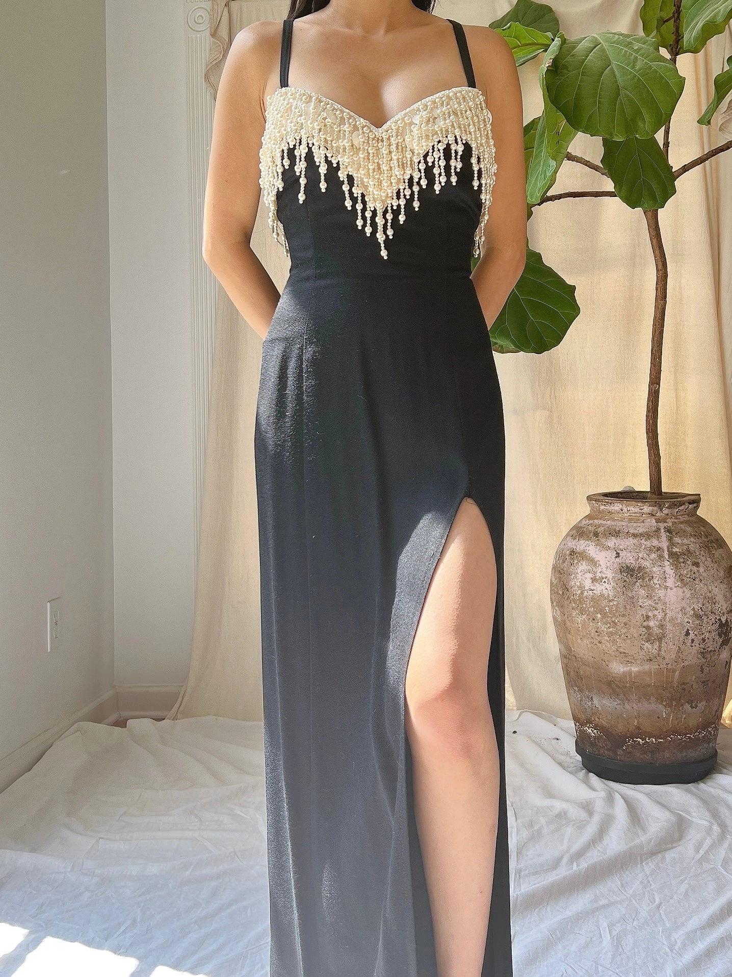 Vintage Rayon Pearl Tassel Bodice Gown - M