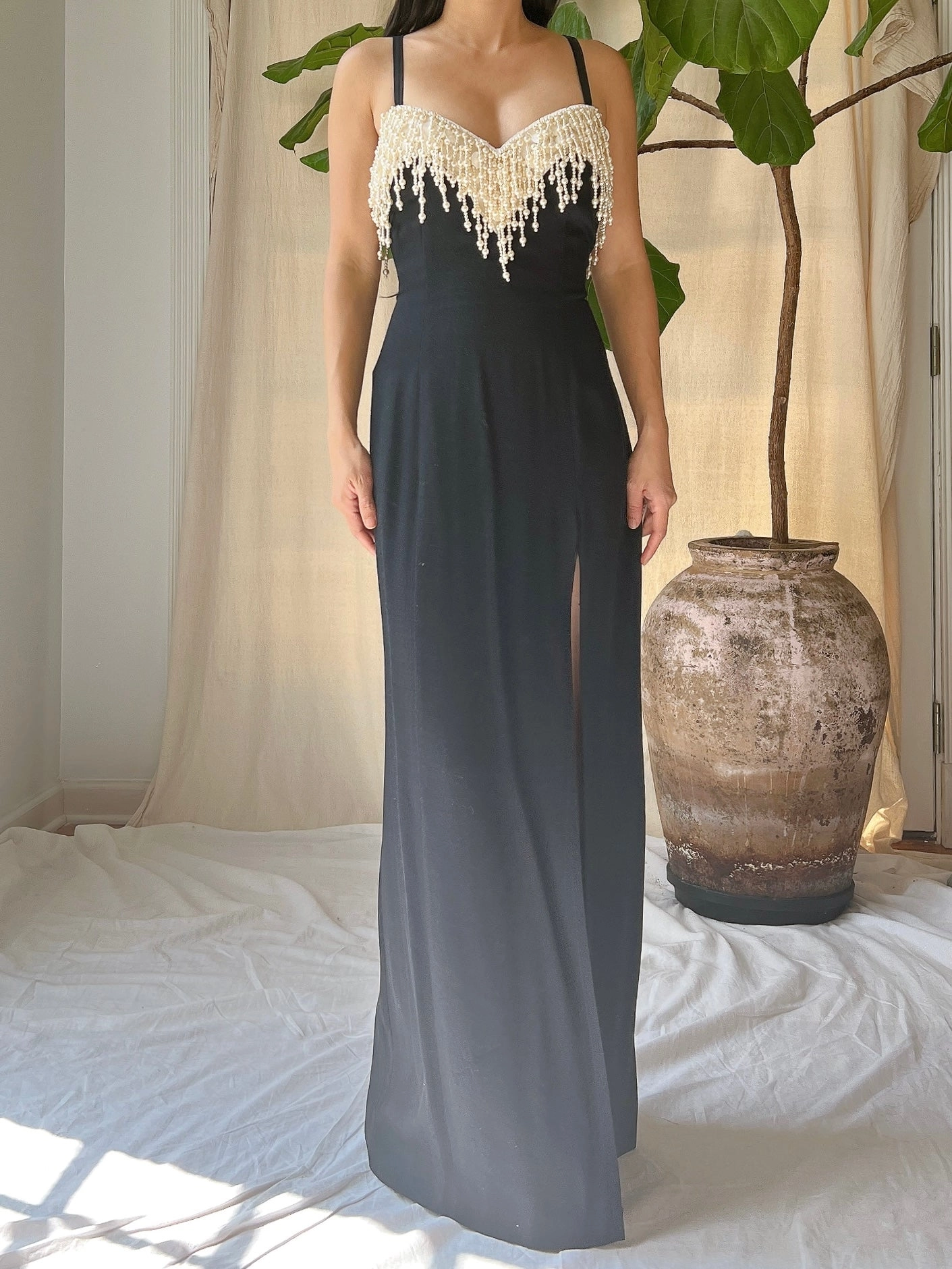 Vintage Rayon Pearl Tassel Bodice Gown - M