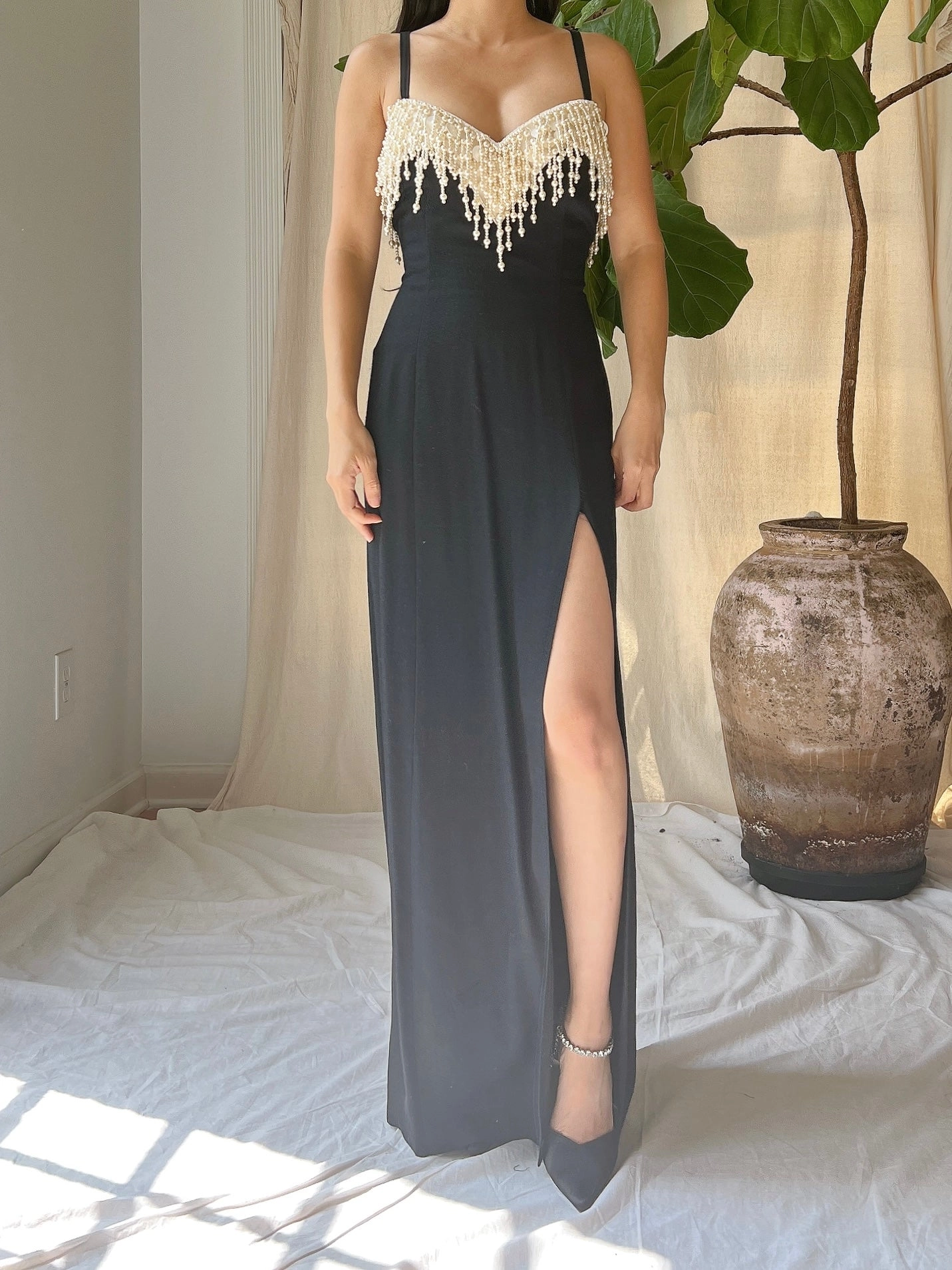 Vintage Rayon Pearl Tassel Bodice Gown - M