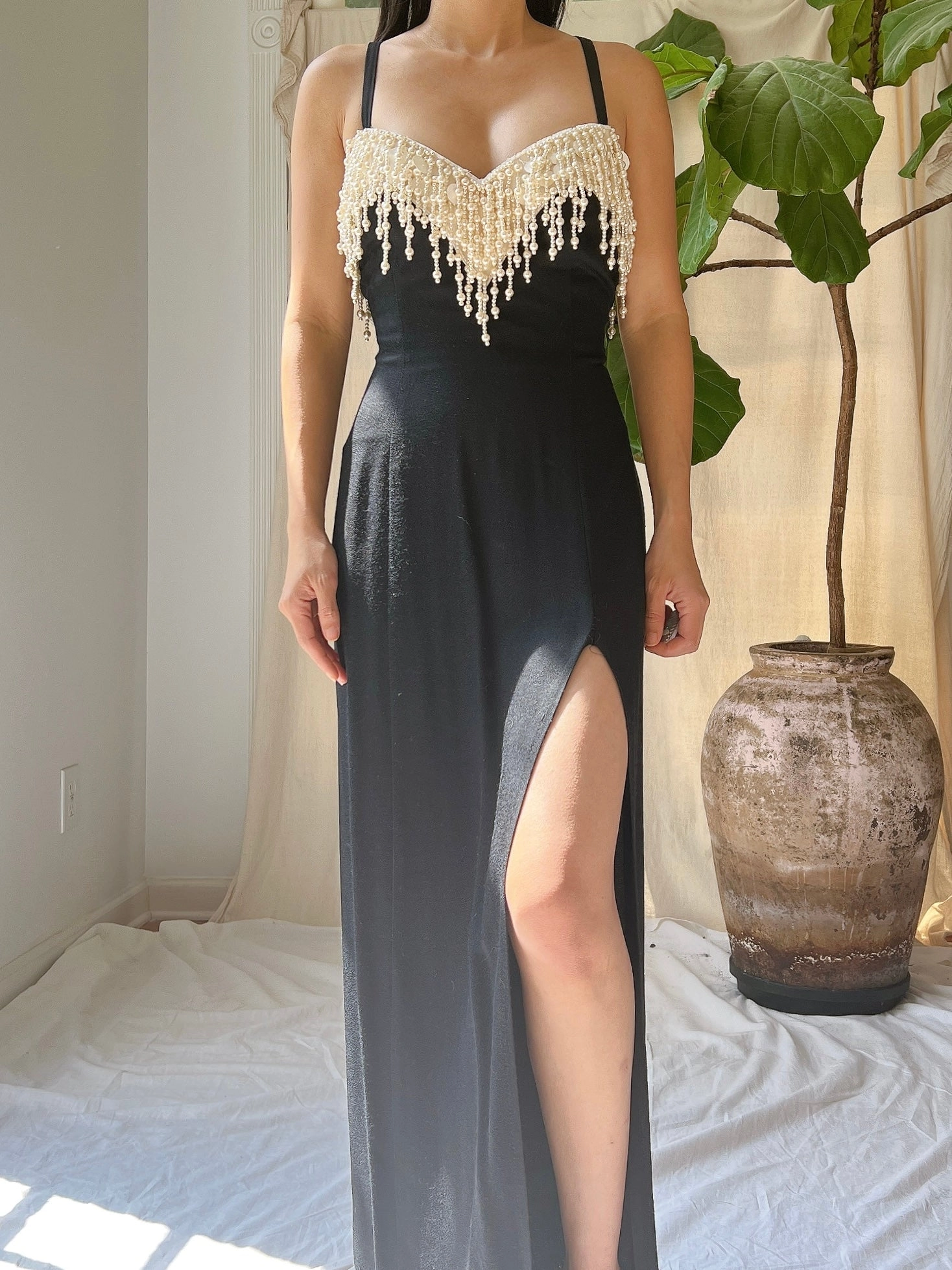 Vintage Rayon Pearl Tassel Bodice Gown - M