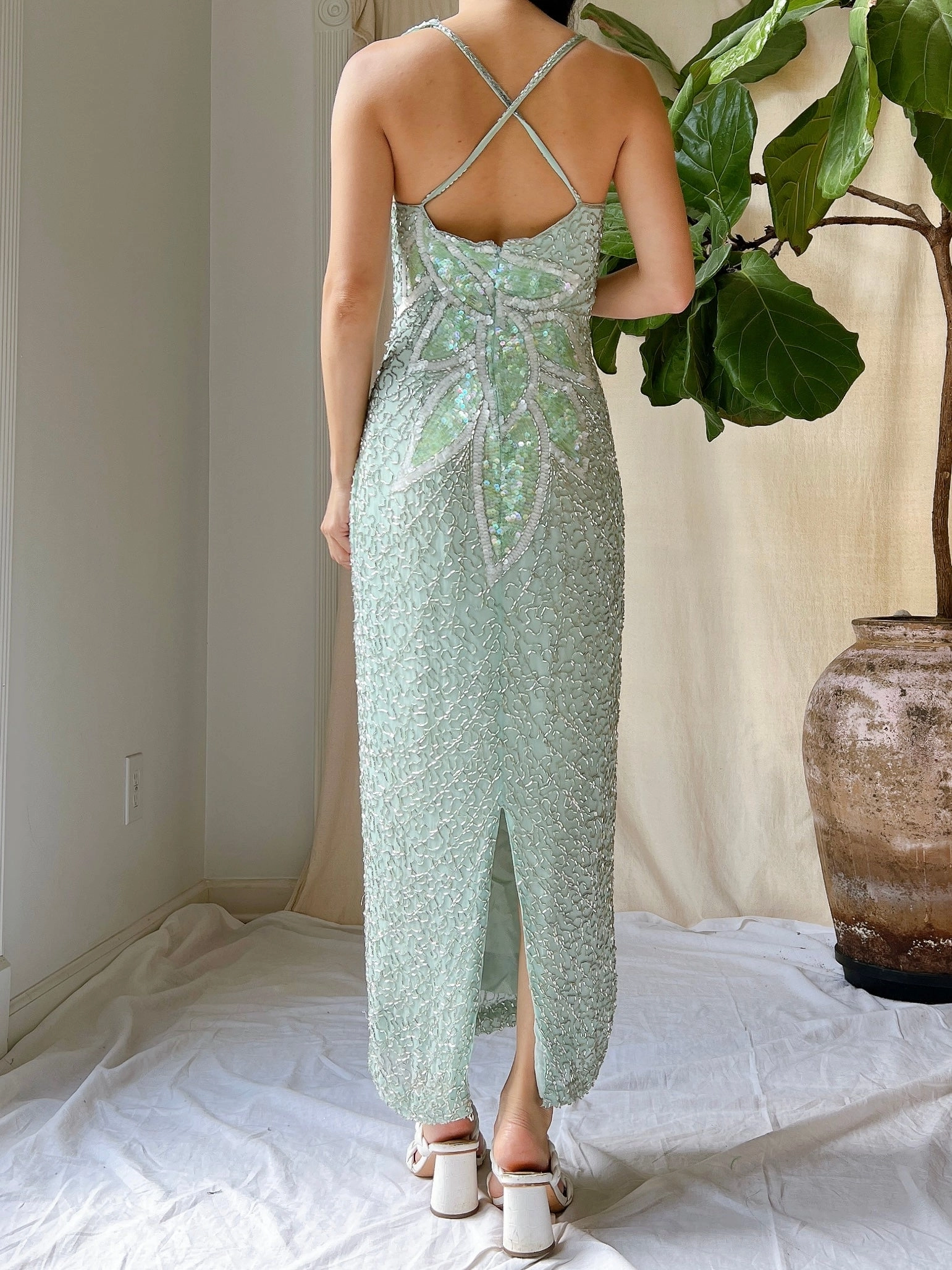 Vintage Seafoam Silk Beaded Dress - S/M