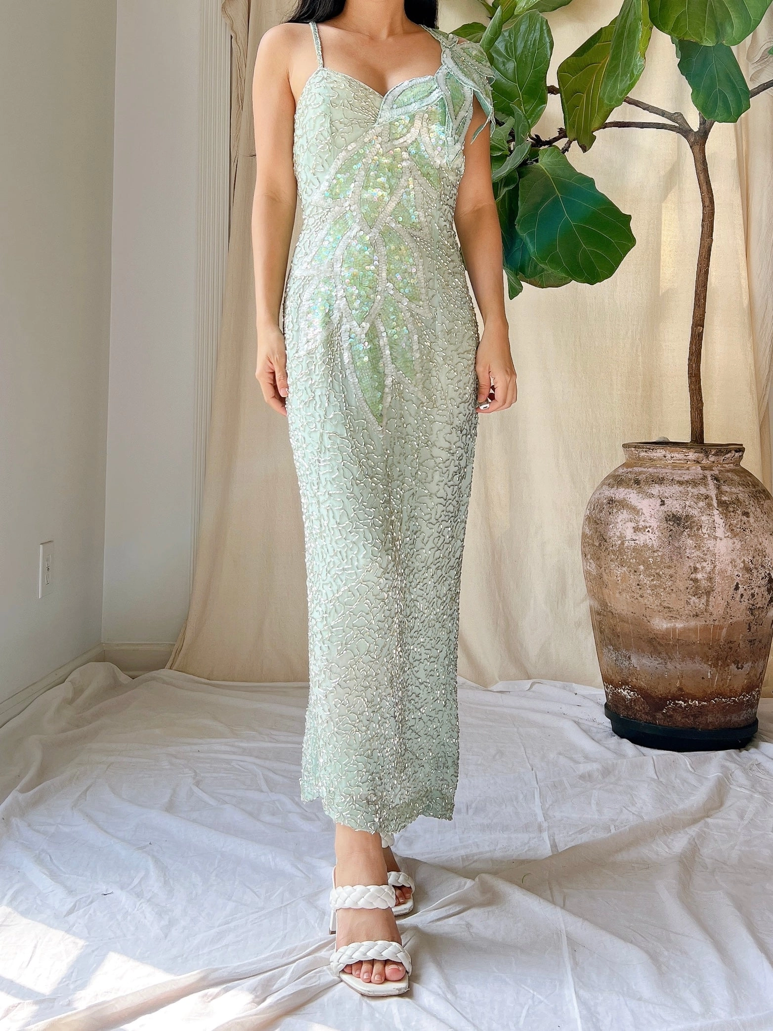 Vintage Seafoam Silk Beaded Dress - S/M