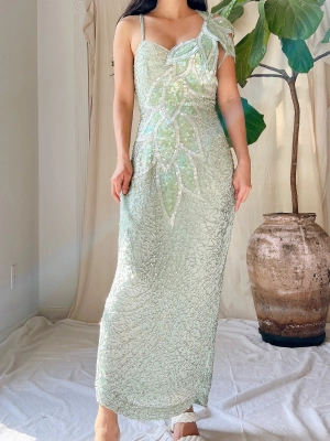 Vintage Seafoam Silk Beaded Dress - S/M
