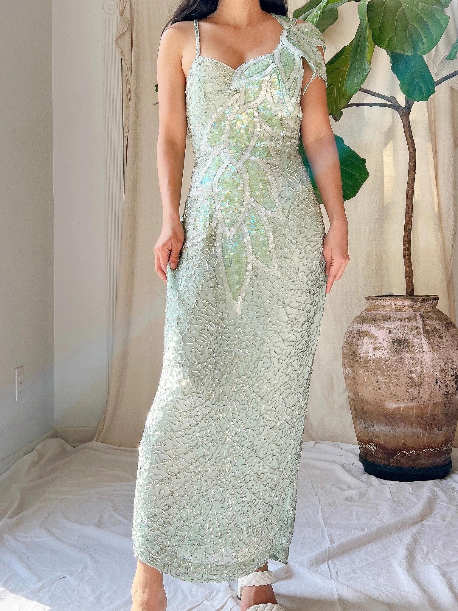 Vintage Seafoam Silk Beaded Dress - S/M