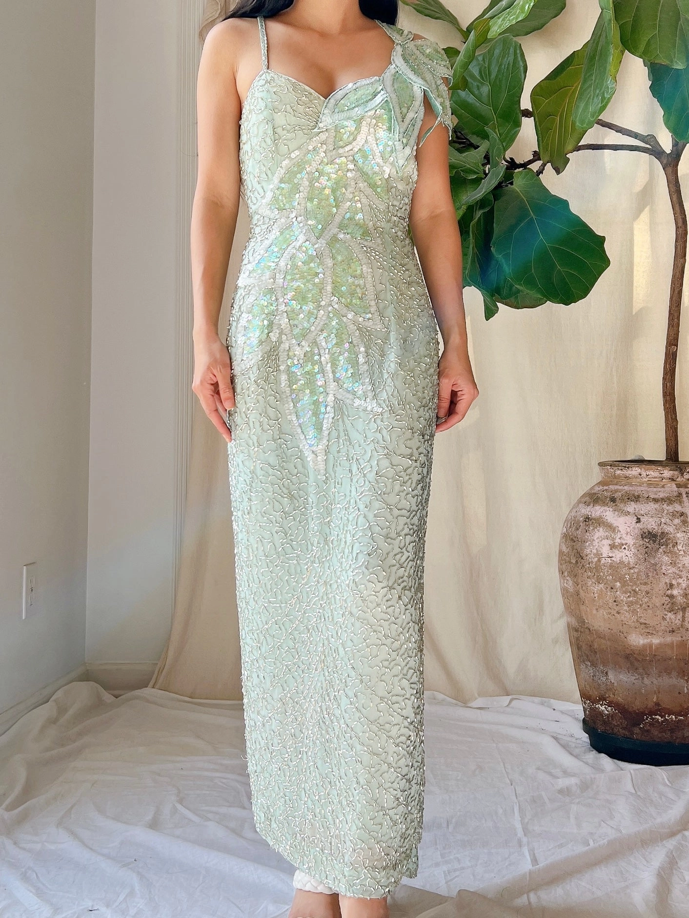 Vintage Seafoam Silk Beaded Dress - S/M