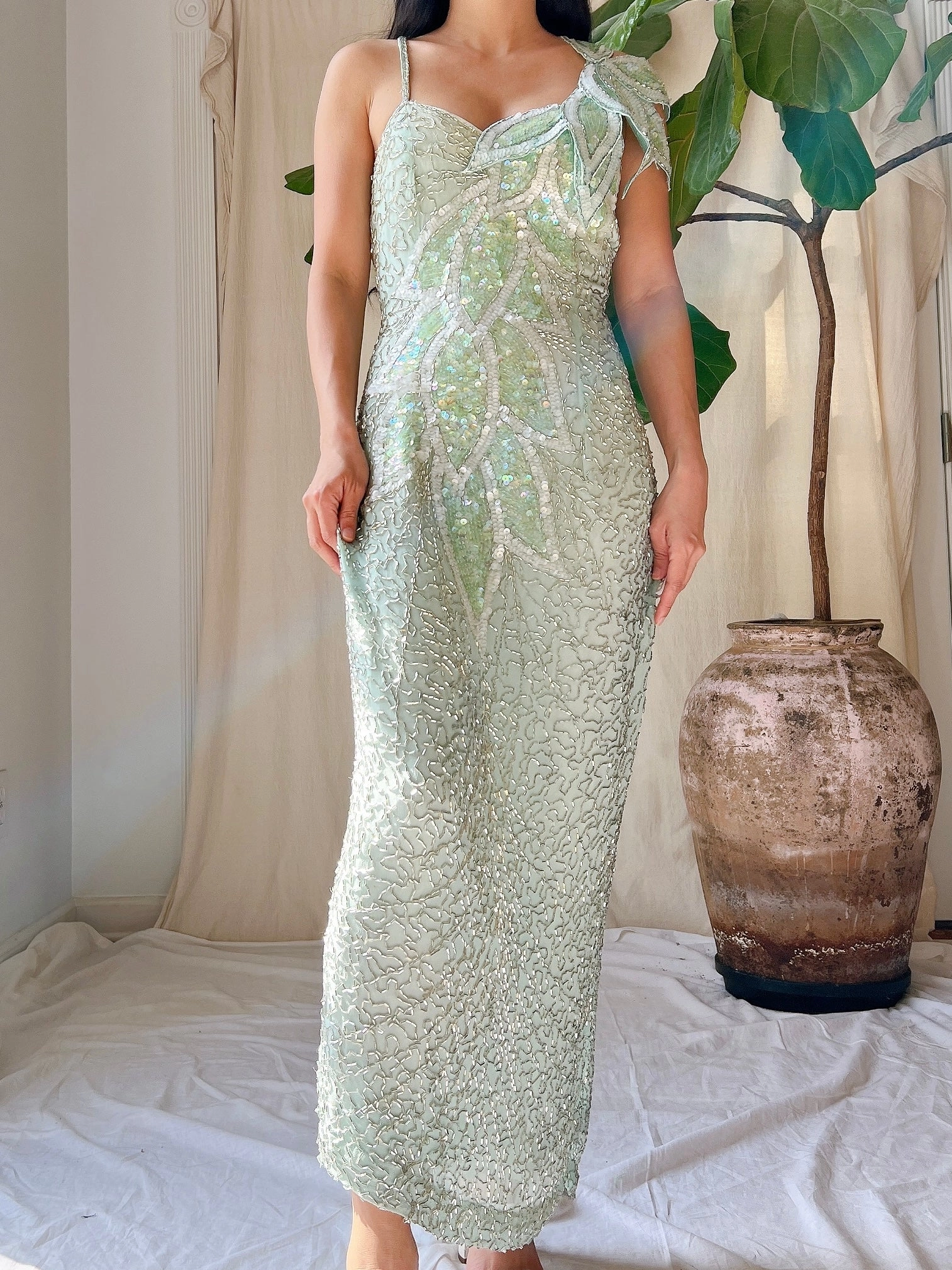 Vintage Seafoam Silk Beaded Dress - S/M