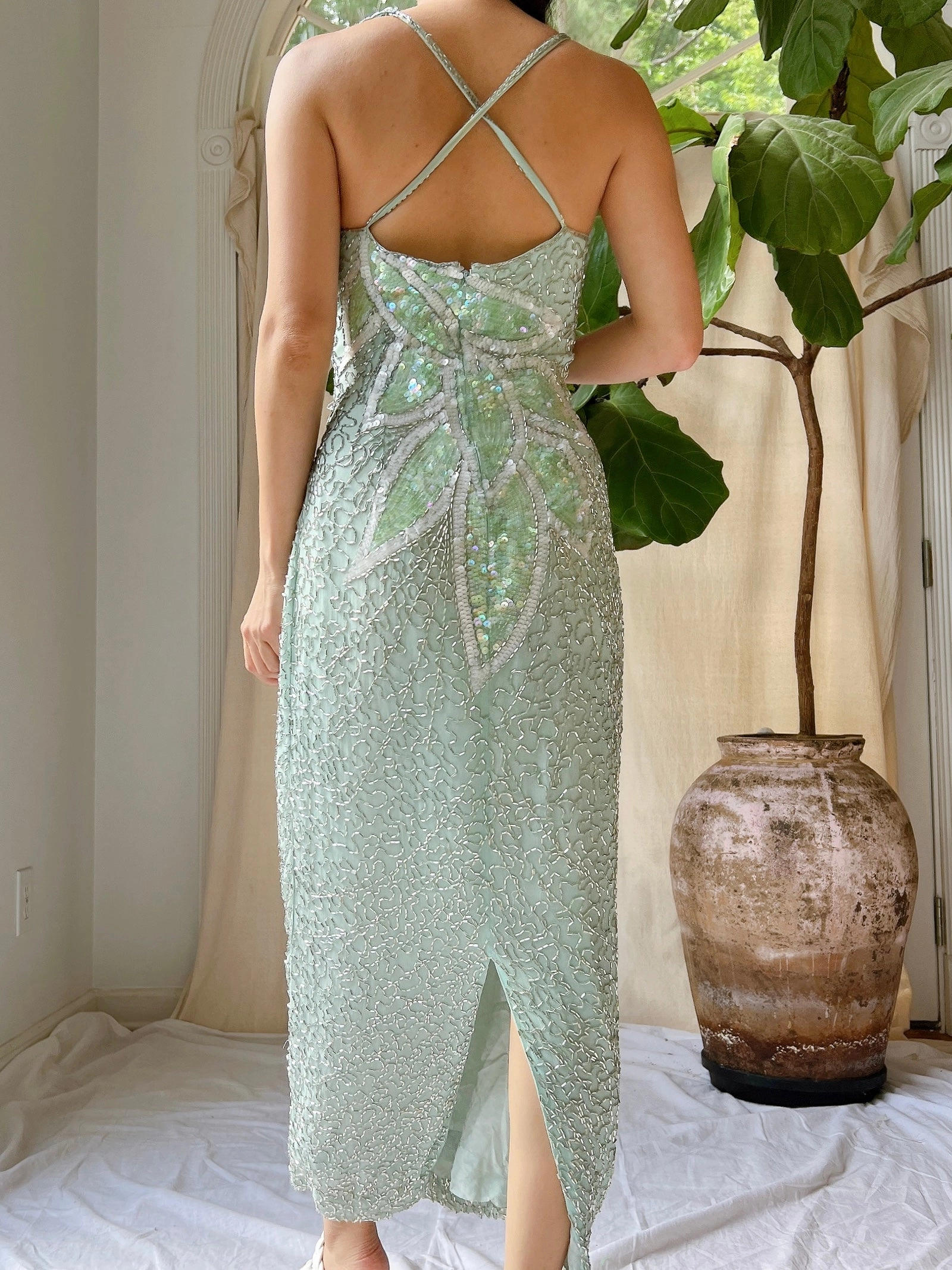 Vintage Seafoam Silk Beaded Dress - S/M