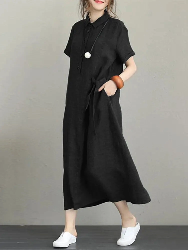 Vintage Turn-down Collar Side Pocket Shirt Dress