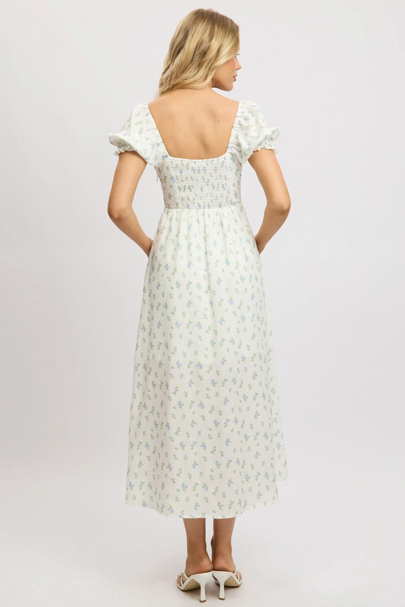 White Ditsy Midi Dress Puff Sleeve