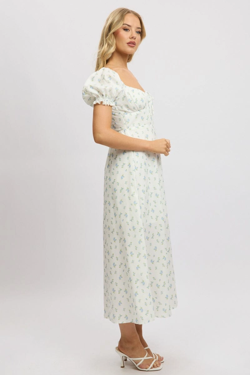 White Ditsy Midi Dress Puff Sleeve