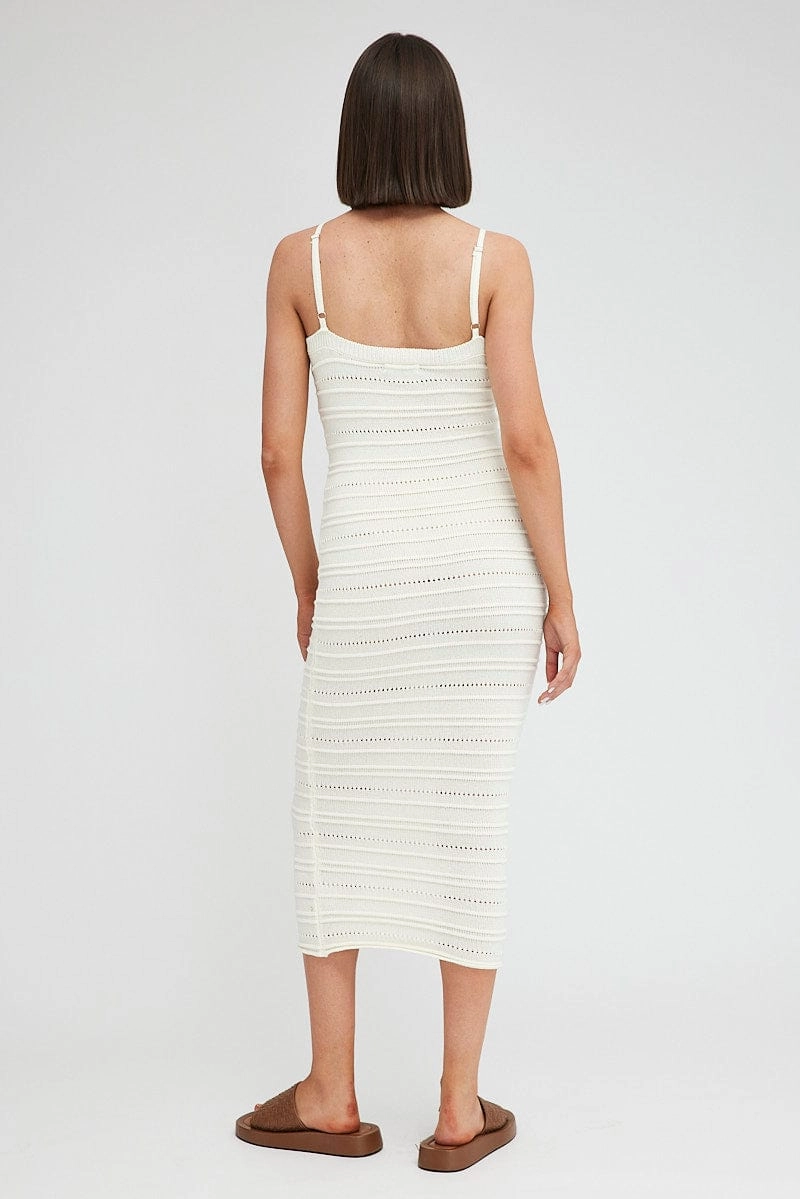 White Knit Dress Twisted Bust Midi