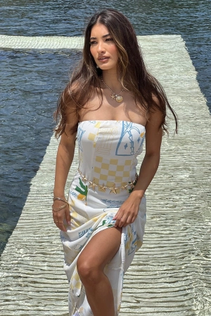 Yellow Abstract Strapless Maxi Dress